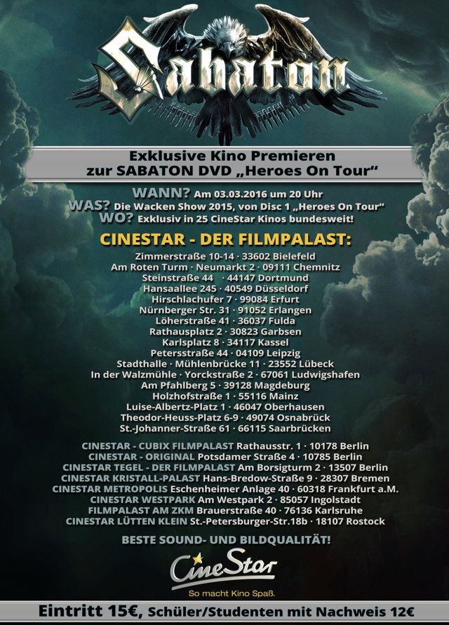 Sabaton:"Heroes on Tour"-Kinopremieren bekanntgegeben