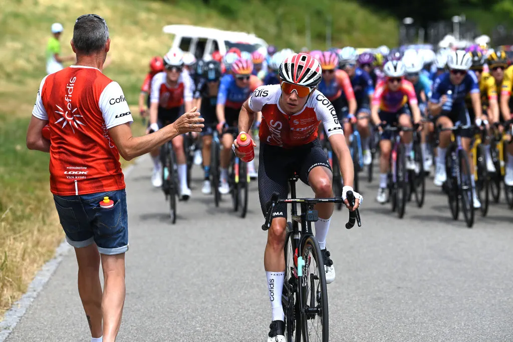 EBNAT-KAPPEL, SWITZERLAND - JUNE 19: Clara Koppenburg of Germany and Team Cofidis picks bottles at the feed zone during the 3rd Tour de Suisse Women 2023, Stage 3 a 120.8km stage from St. Gallen to Ebnat-Kappel / #UCIWWT / on June 19, 2023 in Ebnat-Kappel, Switzerland. (Photo by Tim de Waele/Getty Images)