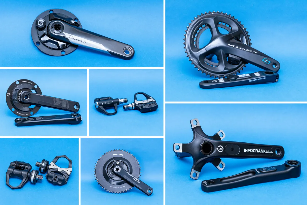 Composite image showing different power meters all against blue backgrounds