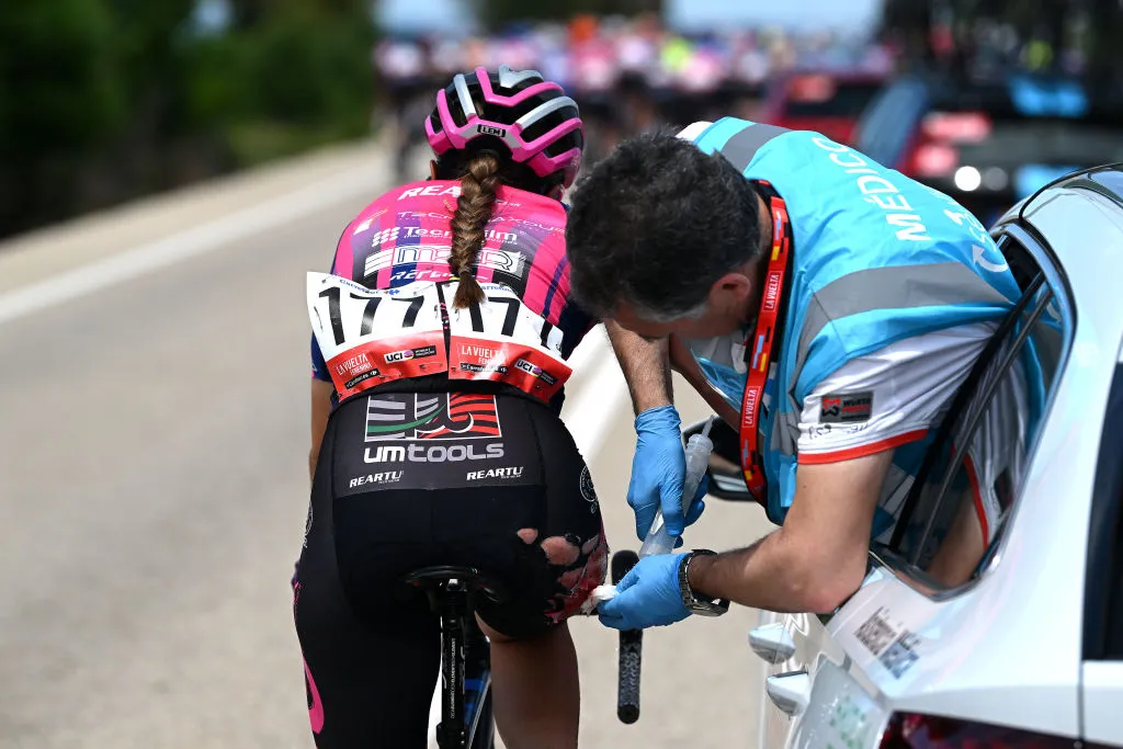 GUADALAJARA, SPAIN - MAY 04: Letizia Brufani of Italy and Team Bepink assisted by the medical car after being involved in a crash during the 9th La Vuelta Femenina 2023, Stage 4 a 133.1km stage from Cuenca to Guadalajara / #UCIWWT / on May 04, 2023 in Guadalajara, Spain. (Photo by Dario Belingheri/Getty Images)