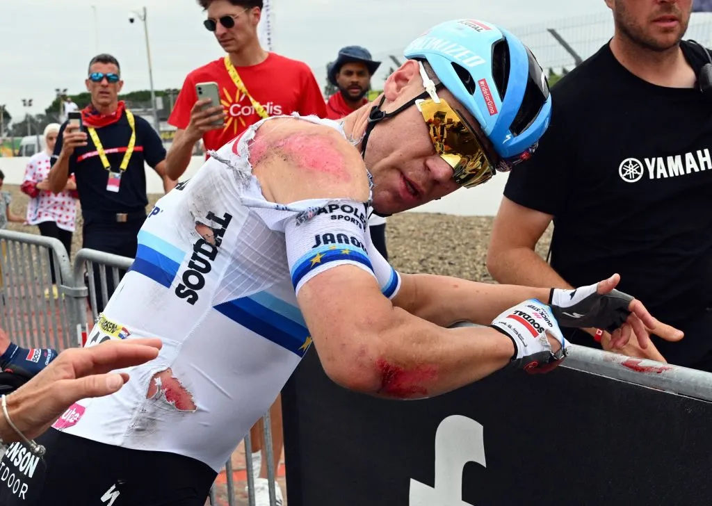 Dutch Fabio Jakobsen of Soudal Quick-Step pictured after a crash at the finish of the fourth stage of the Tour de France cycling race, a 181,8 km race from Dax to Nogaro, France, Tuesday 04 July 2023. This year's Tour de France takes place from 01 to 23 July 2023. BELGA PHOTO POOL FRANK FAUGERE (Photo by POOL FRANK FAUGERE / BELGA MAG / Belga via AFP) (Photo by POOL FRANK FAUGERE/BELGA MAG/AFP via Getty Images)