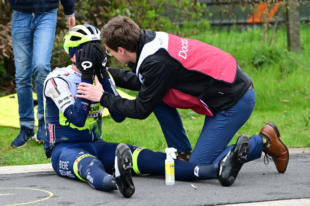 OUDENAARDE, BELGIUM - APRIL 02: Taco Van Der Hoorn of The Netherlands and Team Intermarché-Circus-Wanty injuried after being involved in a crash during the 107th Ronde van Vlaanderen - Tour des Flandres 2023, Men's Elite a 273.4km one day race from Brugge to Oudenaarde / #UCIWT / on April 02, 2023 in Brugge, Belgium. (Photo by Dirk Waem - Pool/Getty Images)