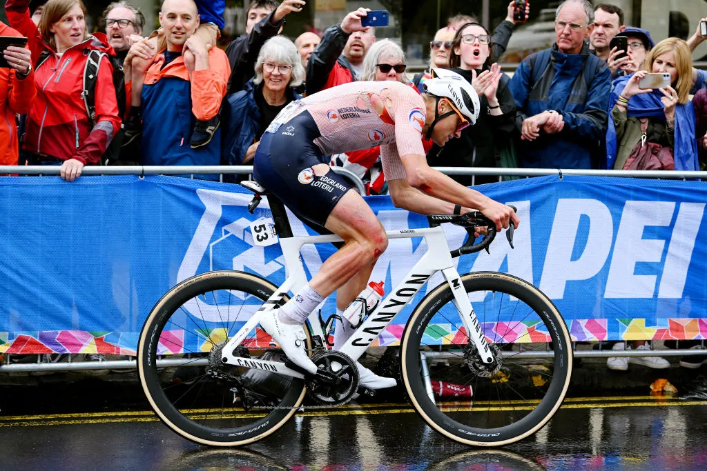 GLASGOW, SCOTLAND - AUGUST 06: Mathieu Van Der Poel of The Netherlands competes in the breakaway injured after crashes during the 96th UCI Cycling World Championships Glasgow 2023, Men Elite Road Race a 271.1km one day race from Edinburgh to Glasgow / #UCIWT / on August 06, 2023 in Glasgow, Scotland. (Photo by Dario Belingheri/Getty Images)