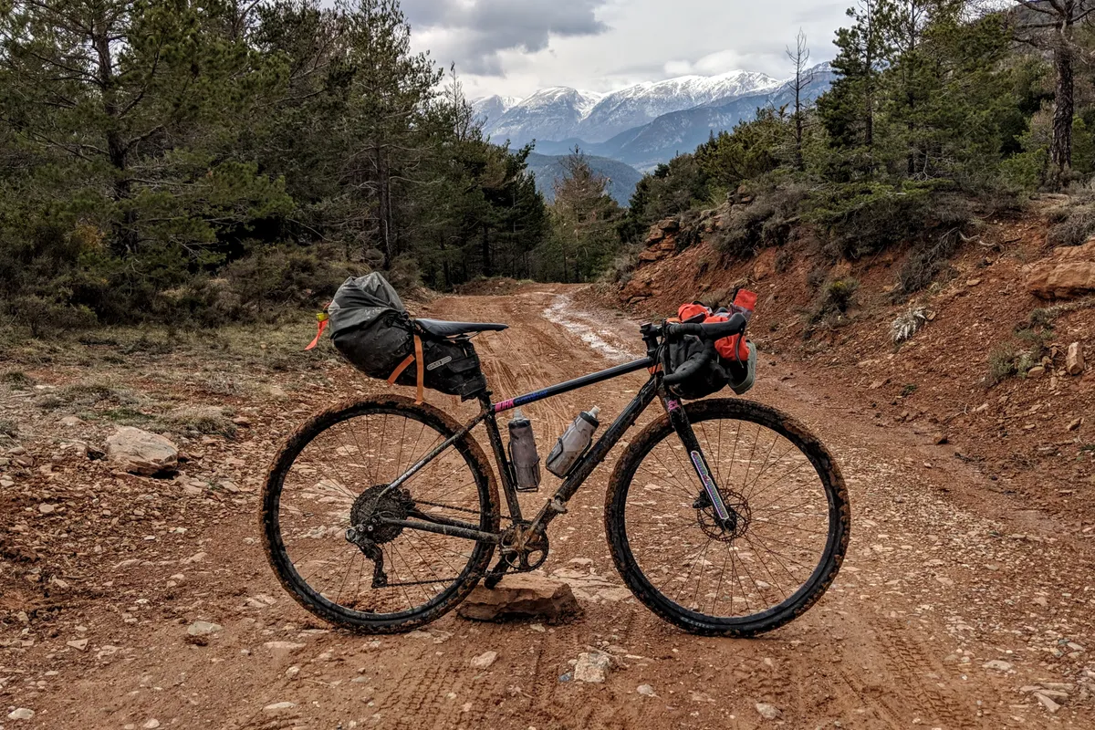 Bikepacking bags on a gravel bike in the mountains