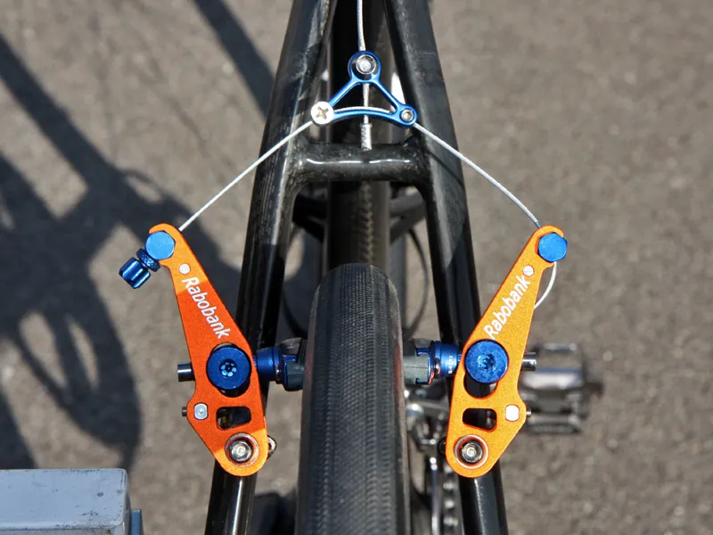 The custom low-profile arms on Lars Boom's (Rabobank) Giant TCX Advanced SL offer more braking power and finer modulation than wide-profile models