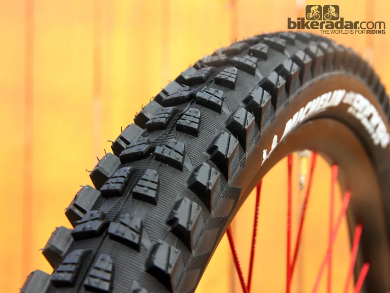 Michelin's new Wild Rock'R 2 tires feature a relatively low-profile center tread, burly side knobs, and a dual-ply reinforced casing. Available low-rebound Magi-X dual-compound tread promises excellent traction in dry conditions