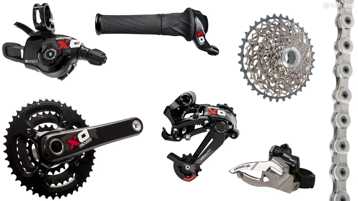 A long-standing popular choice in performance groupsets, SRAM X0 continues with its 2x10 gearing. It's often compared to Shimano XT, but X0's use of carbon fiber means it's lighter and more expensive