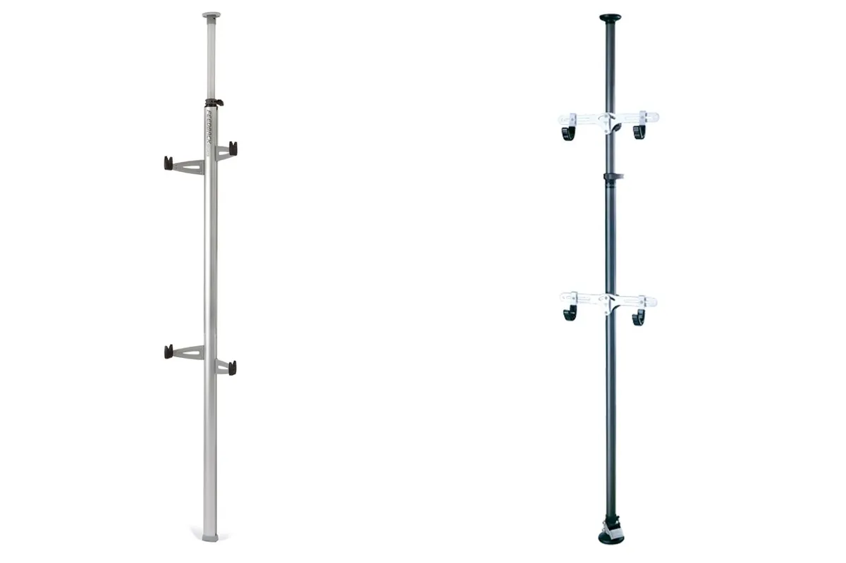Ceiling-to-floor racks are a strong solution for rental properties. The Feedback Sports Velo Column (left) and Topeak Dual-Touch are both great options, with the Velo column being a little more stylish and the Topeak offering a firmer hold against the ceiling