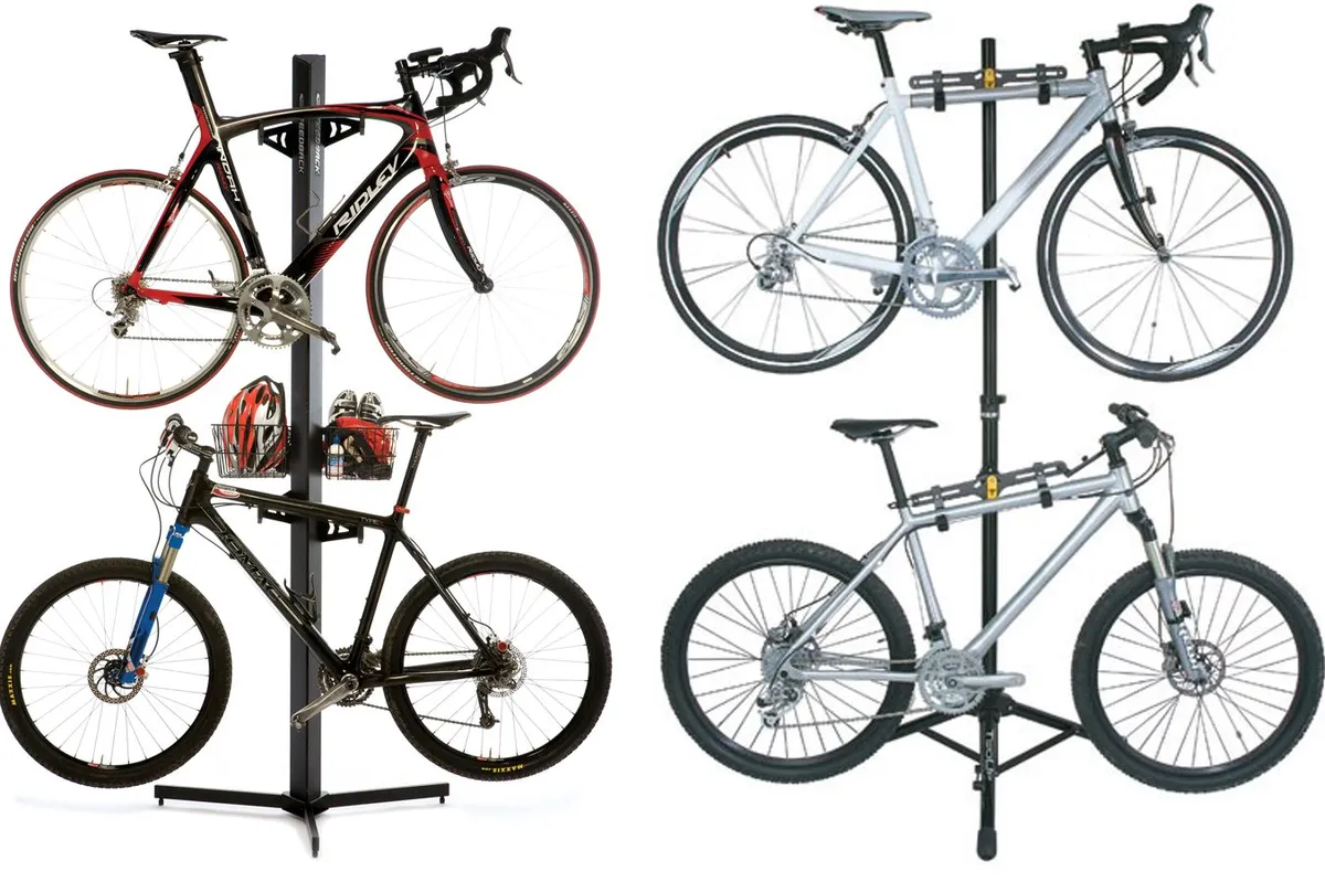 Free standing bike stands come at a price, but the Feedback Sports Velo Cache (left) and Topeak TwoUp (right) are solid options