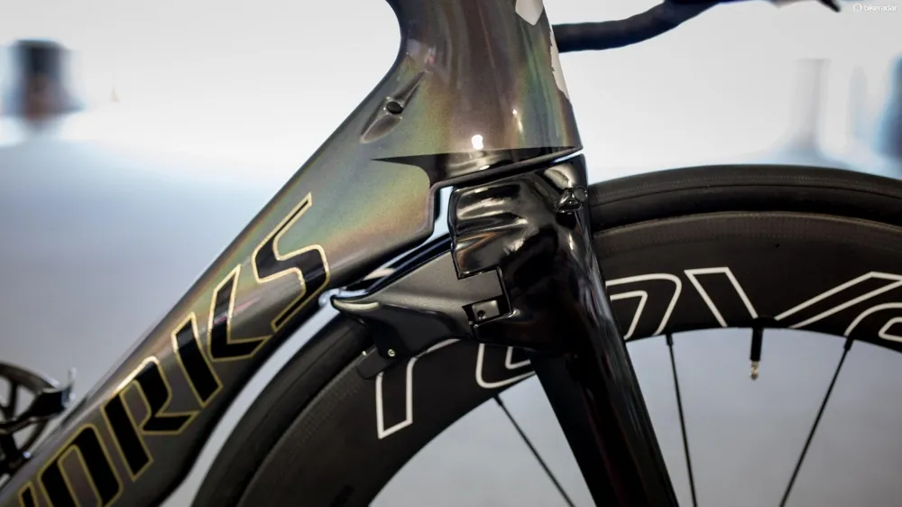 The front brake on the Venge ViAS is hidden behind the fork and melds into the downtube in an effort to smooth airflow