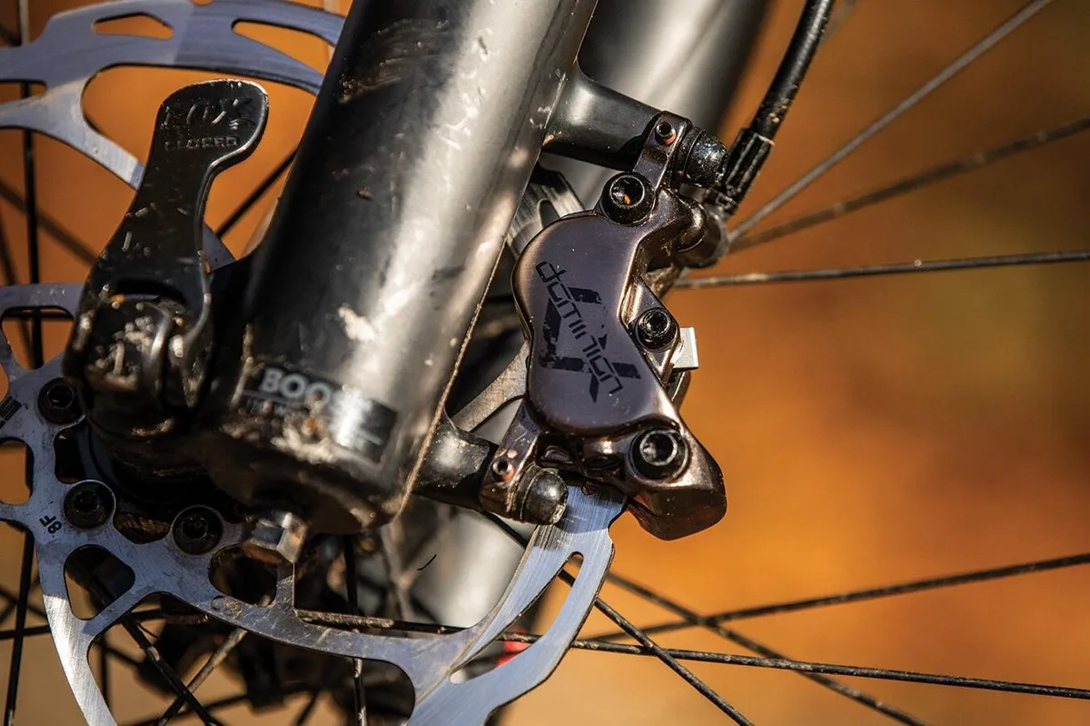 Picture showing close up of the Hayes Dominion A4 brake caliper mounted on a front fork