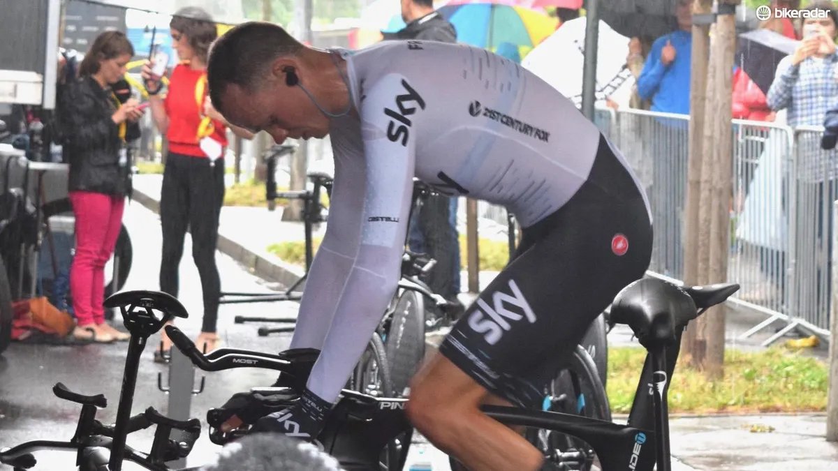 Chris Froome warming up prior to the opening time trial at the 2017 Tour de France