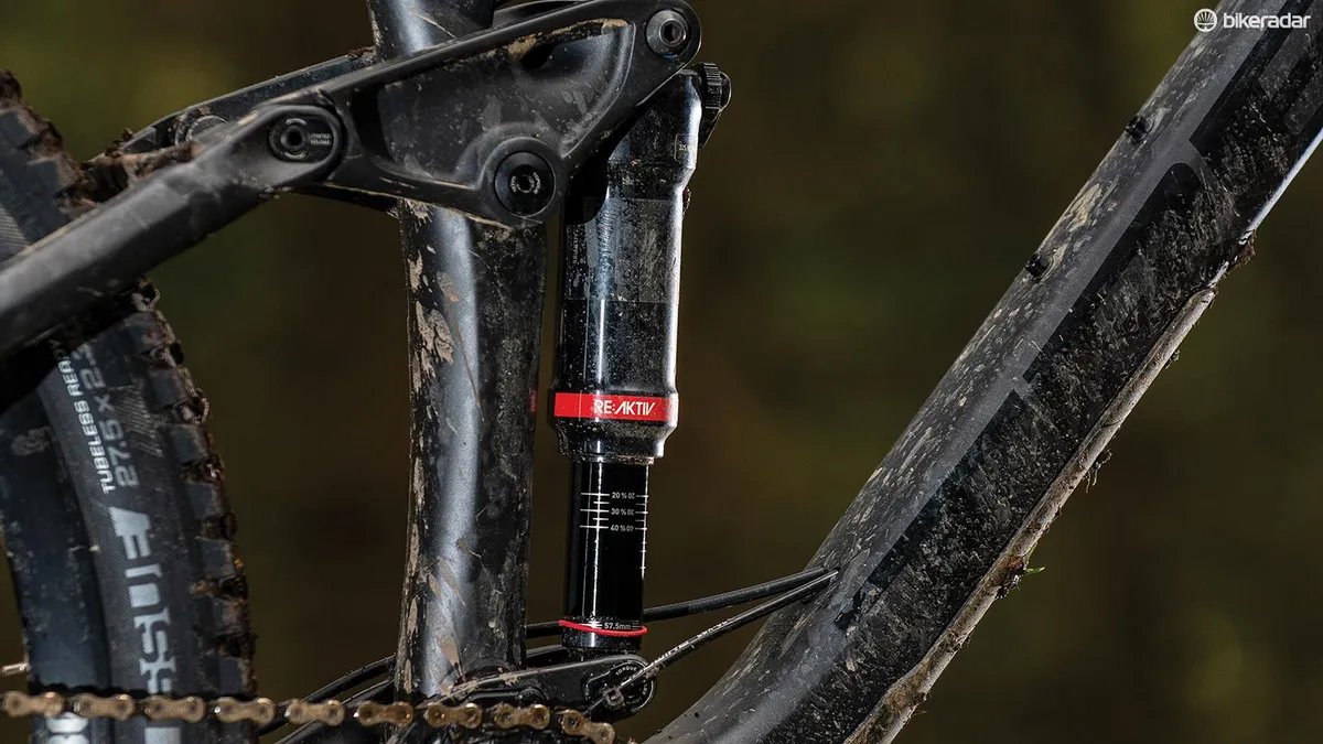 The top-end RockShox Deluxe RT3 shock comes with Trek’s proprietary RE:aktiv internals