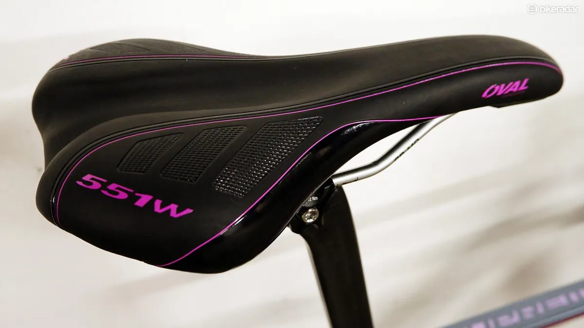 Photo of a women's specific bike saddle on the Fuji Supreme bike