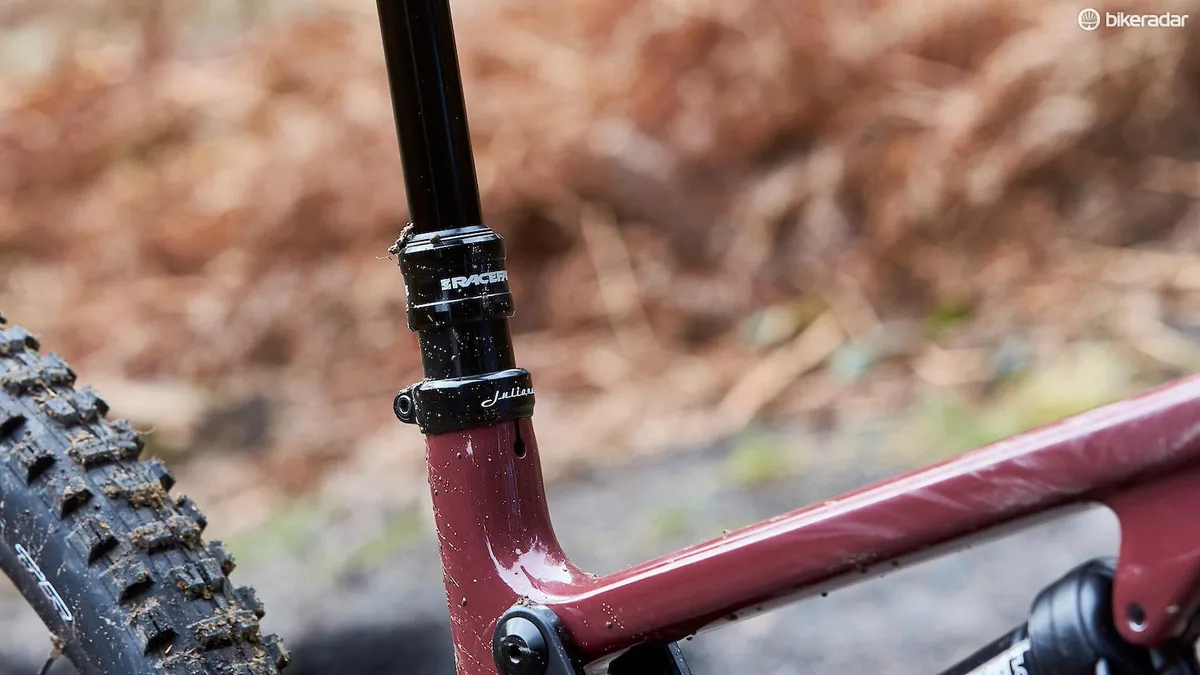 A close-up photograph of the seatpost and frame of the Juliana Furtado mountain bike