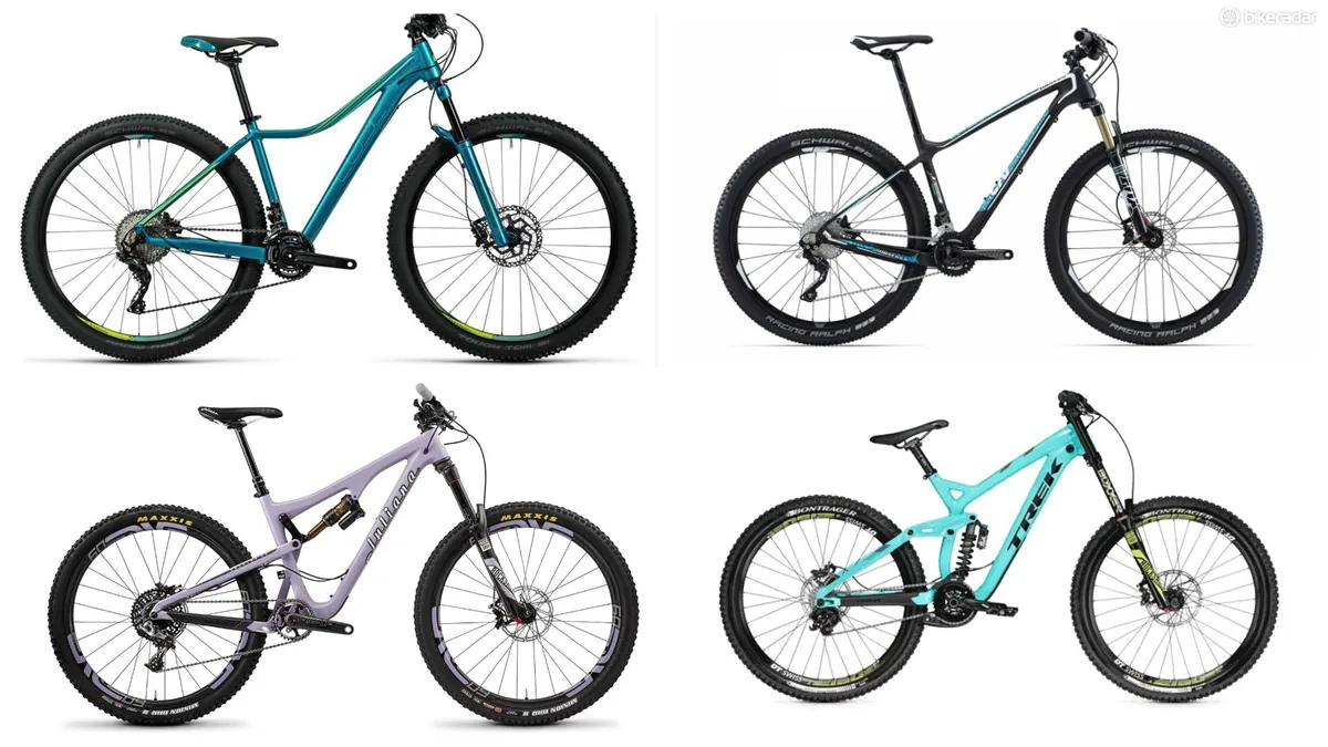The different types of mountain bike (clockwise, starting top right) cross-country, downhill, enduro, trail, hardtail
