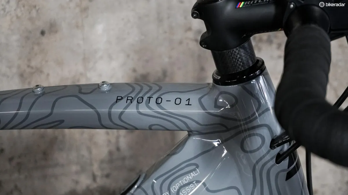 prototype gravel e-bike topography on headtube