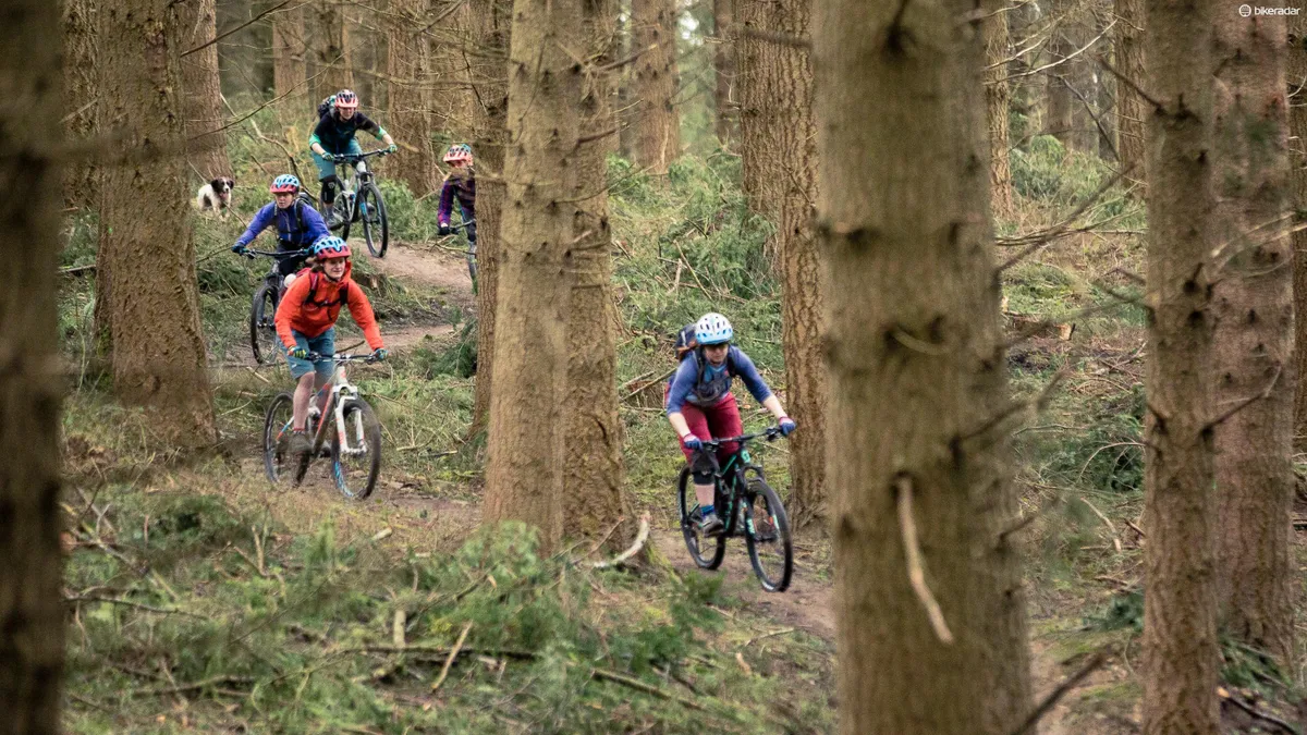 group of female cyclist riding mountain bike in woods