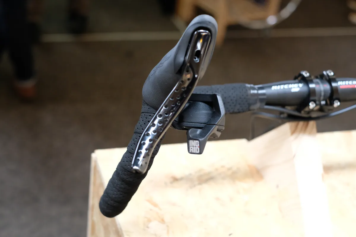 Ingrid components 1x12 groupset drop bar shifters front view at Bespoked 2019