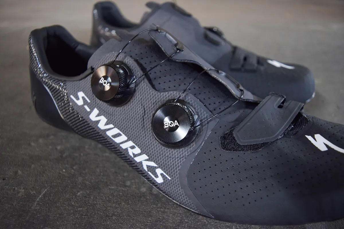 Specialized carbon-soled cycling shoe with BOA ratchet adjustments
