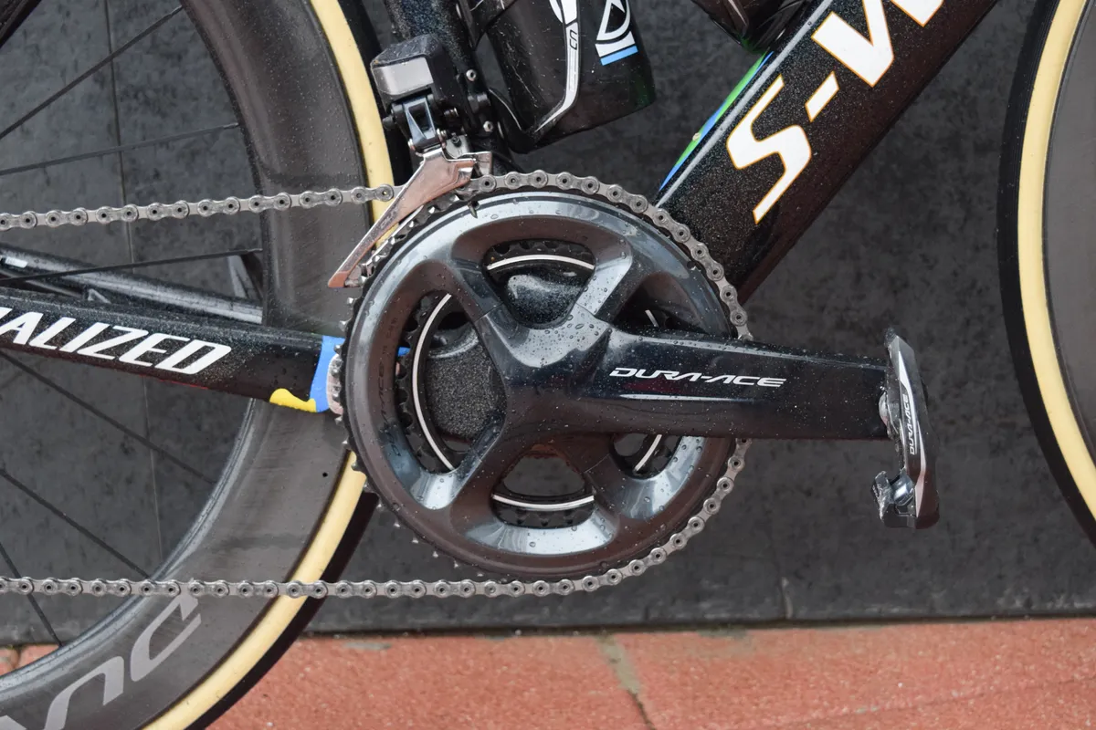 Close-up of Shimano Dura-Ace R9100 cranks on Specialized Venge bike