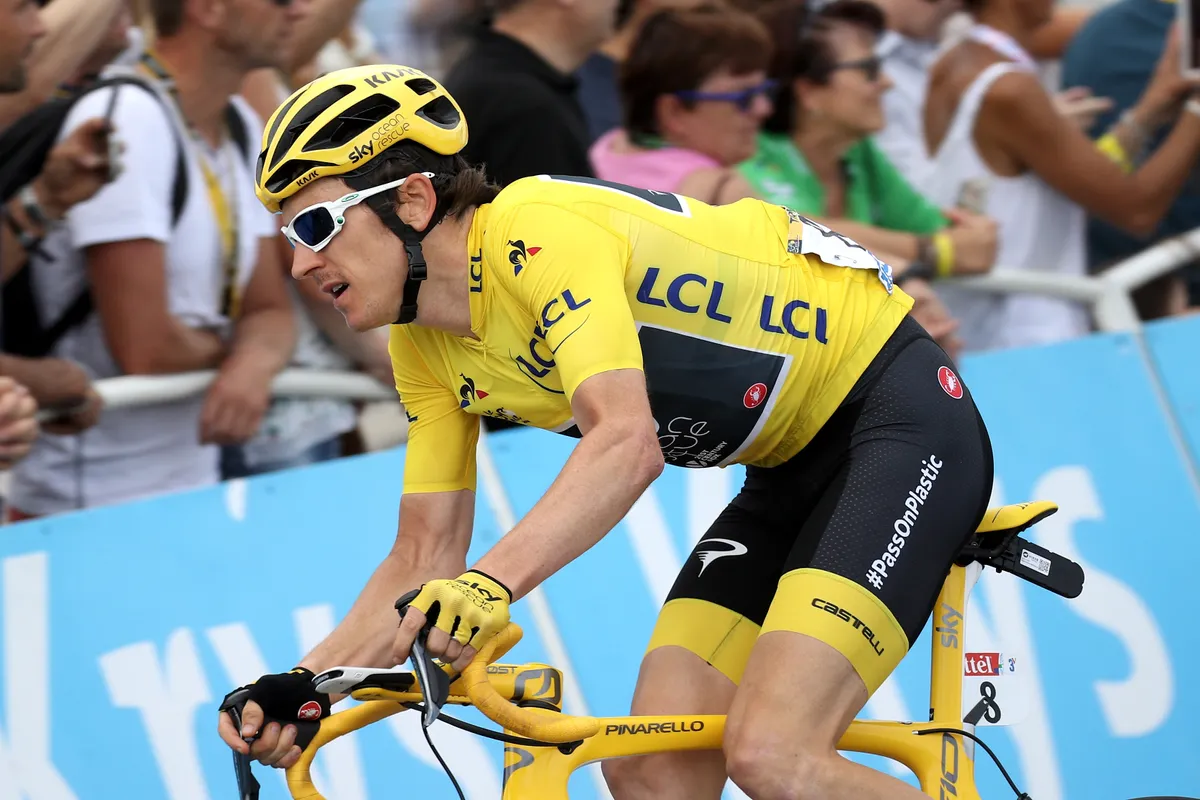 Geraint Thomas wearing the yellow jersey at the 2018 Tour de France