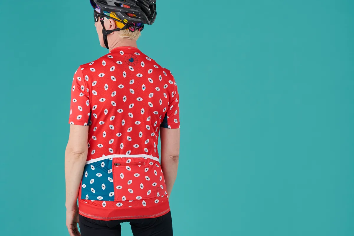 Back of the IRIS All Eyes On Me women's cycling jersey