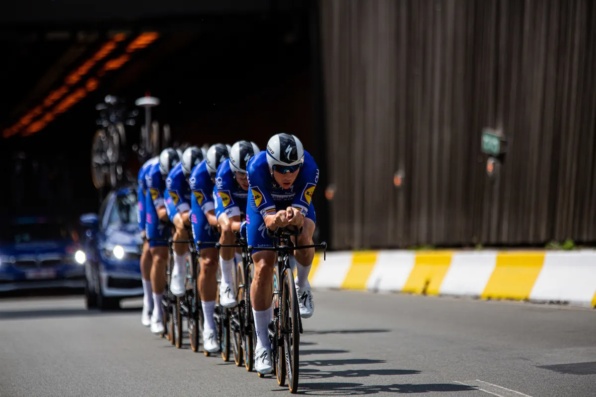 Deceuninck-QuickStep riding the team time trial at the 2019 Tour de France