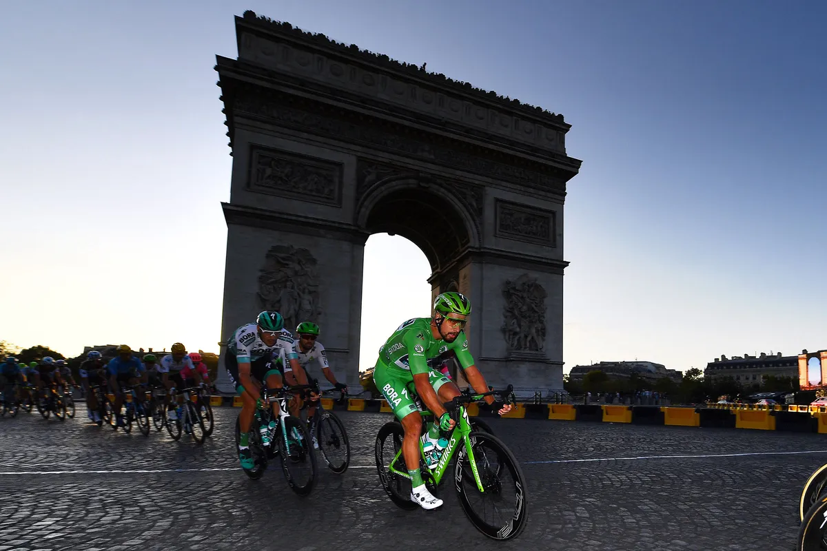 Tour de France riders in front of Arc de Triomphe