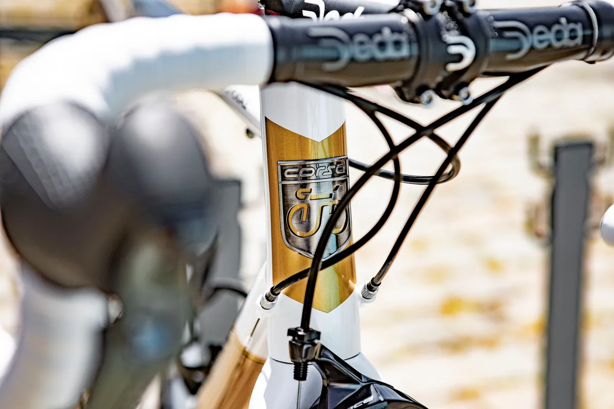 Close-up of modern high-end steel road bike head tube