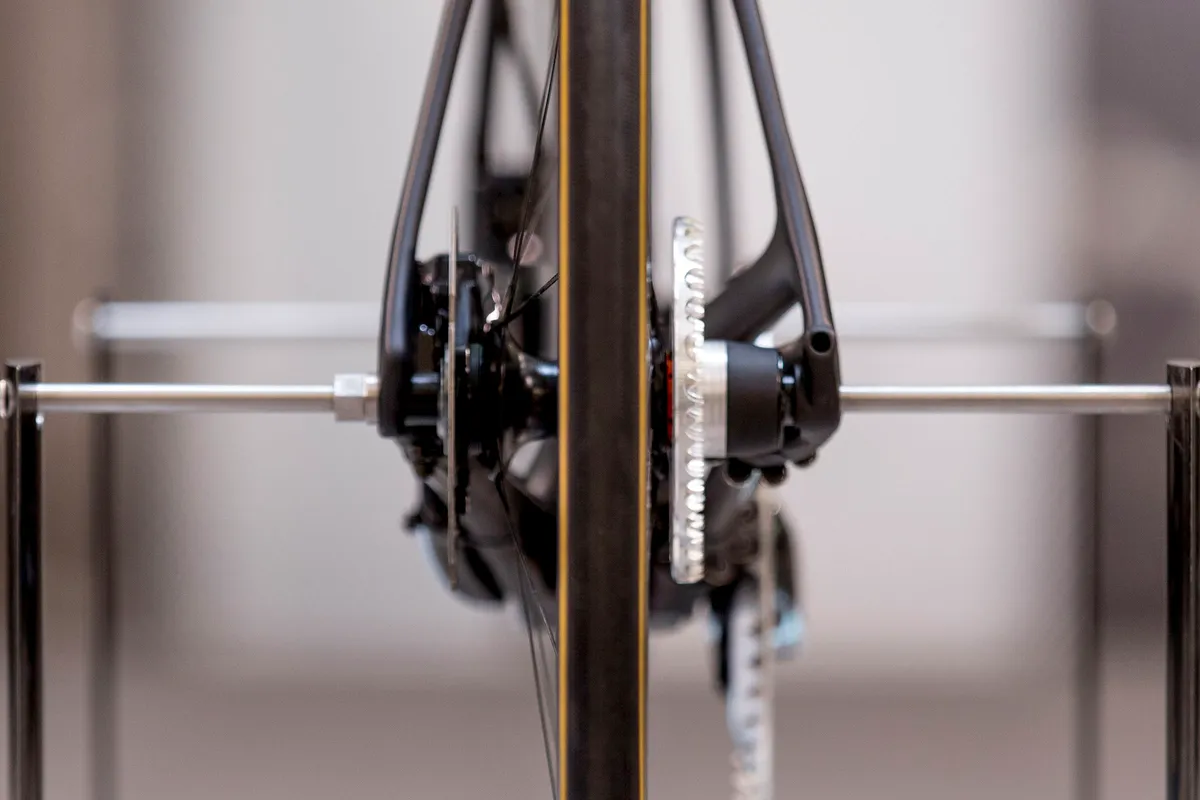 Rear view of chainless bike drivetrain