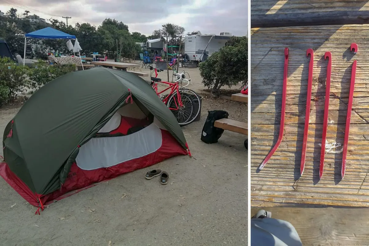 Camping tent bikes California and broken tent pegs