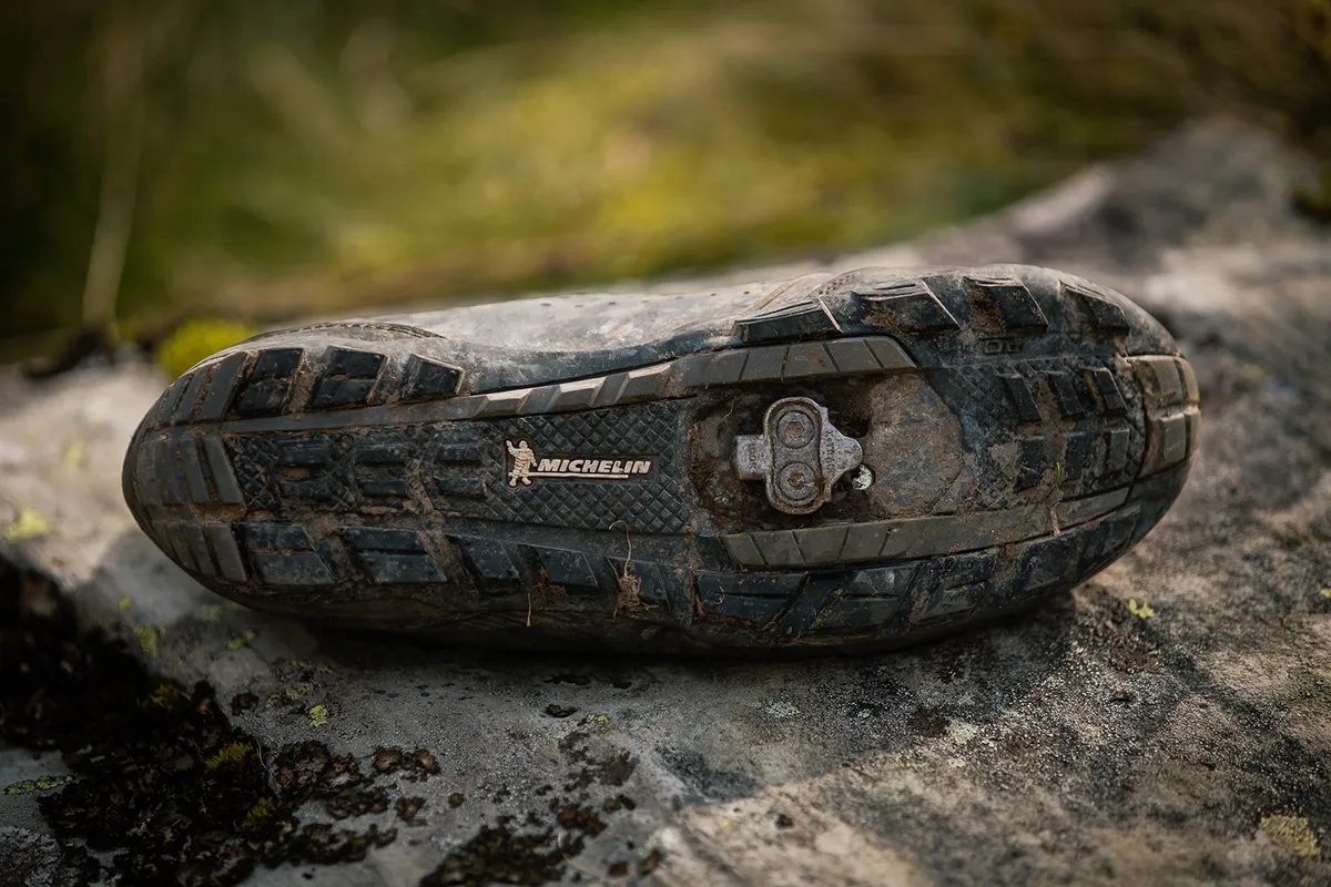 Rubber sole of clipless Shimano MW7 MTB shoes