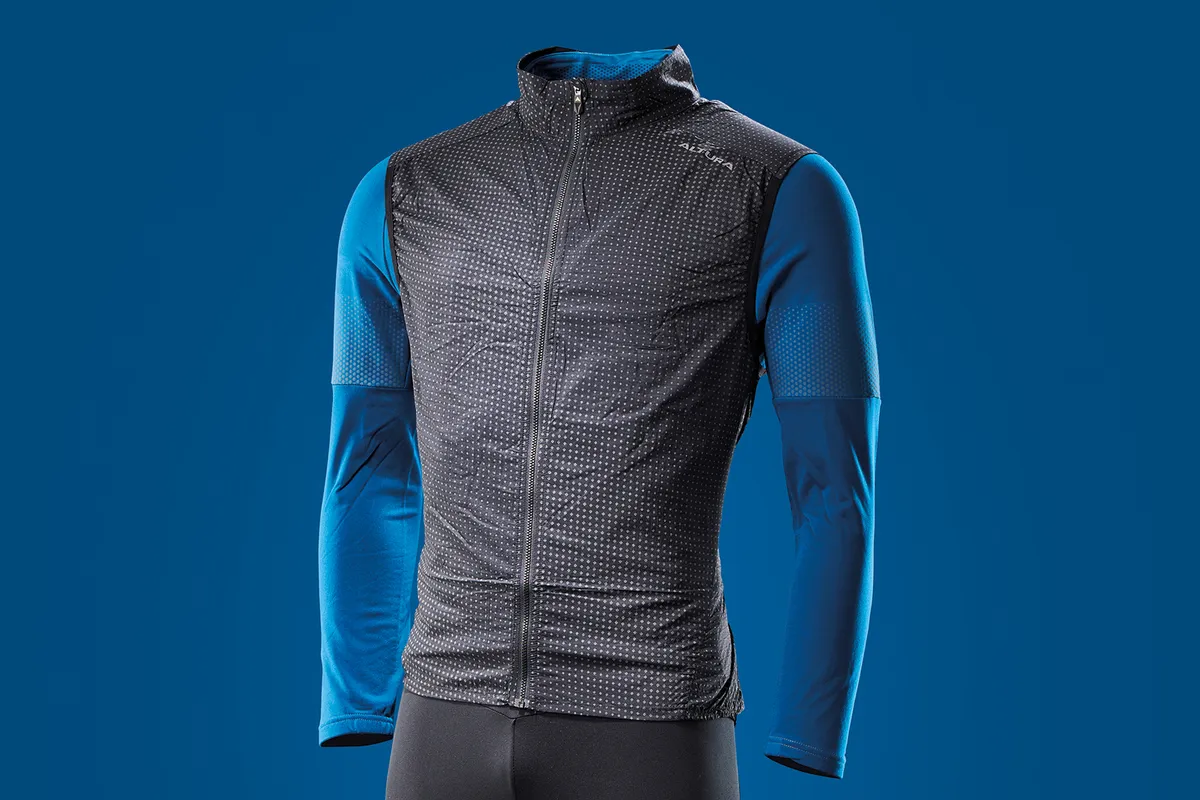 Firestorm long sleeve jersey in blue and a black gilet from Altura