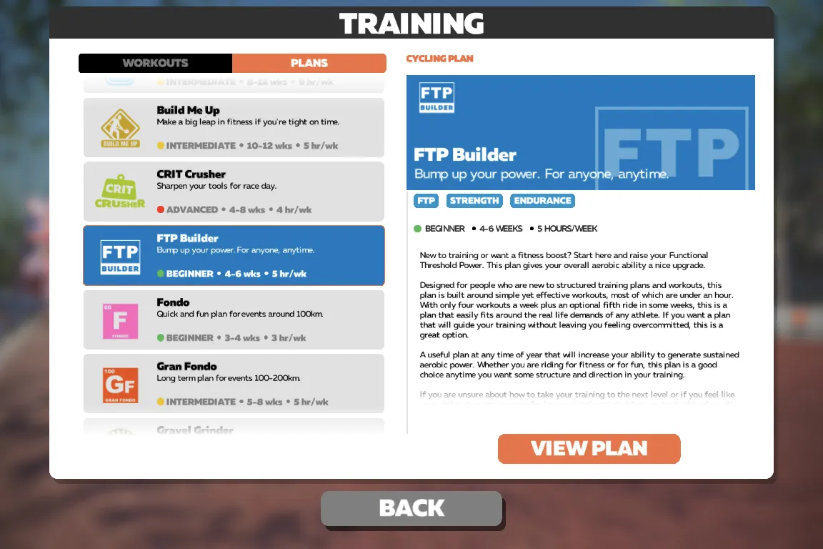 Zwift training plan, FTP Builder