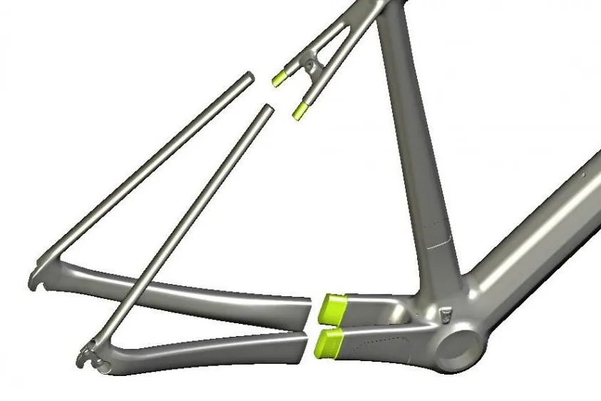 CAD drawing of carbon frame showing separate rear stay sub-assemblies