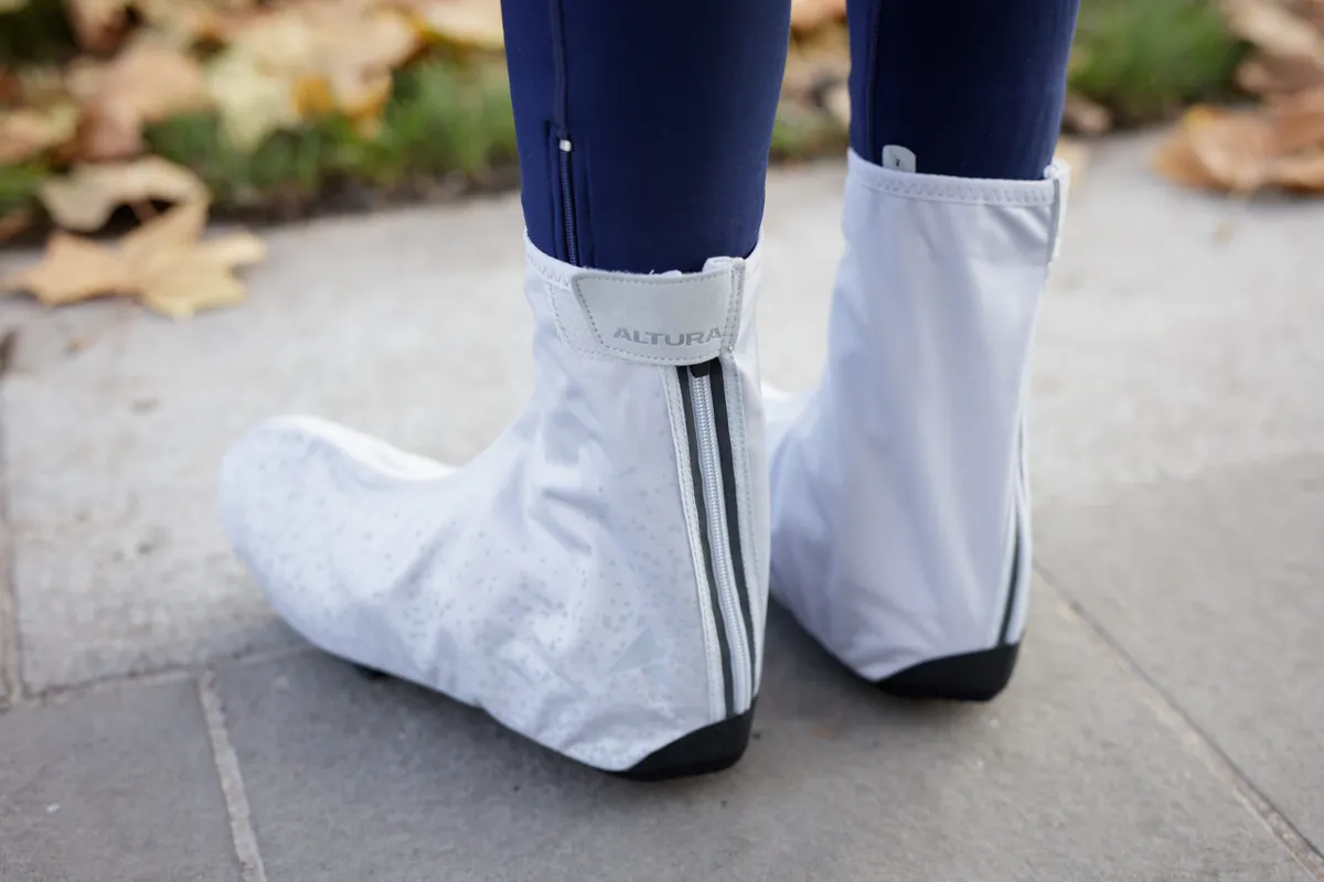 Rear view of reflective silver overshoes