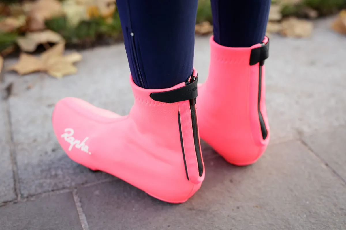 Rear view of bright pink overshoes
