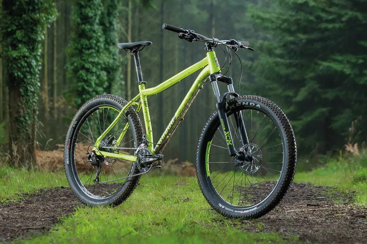 Pack shot of a bright green hardtail mountain bike from Voodoo