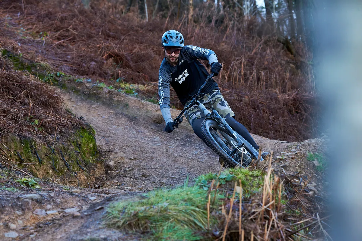 Alex riding a Vitus Mythique VR trail mountain bike at Tirpentwys bike park near Pontypool, Wales. January 2020