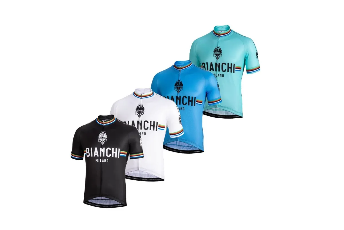 Bianchi Milano retro cycling jerseys in black, white and blue styles