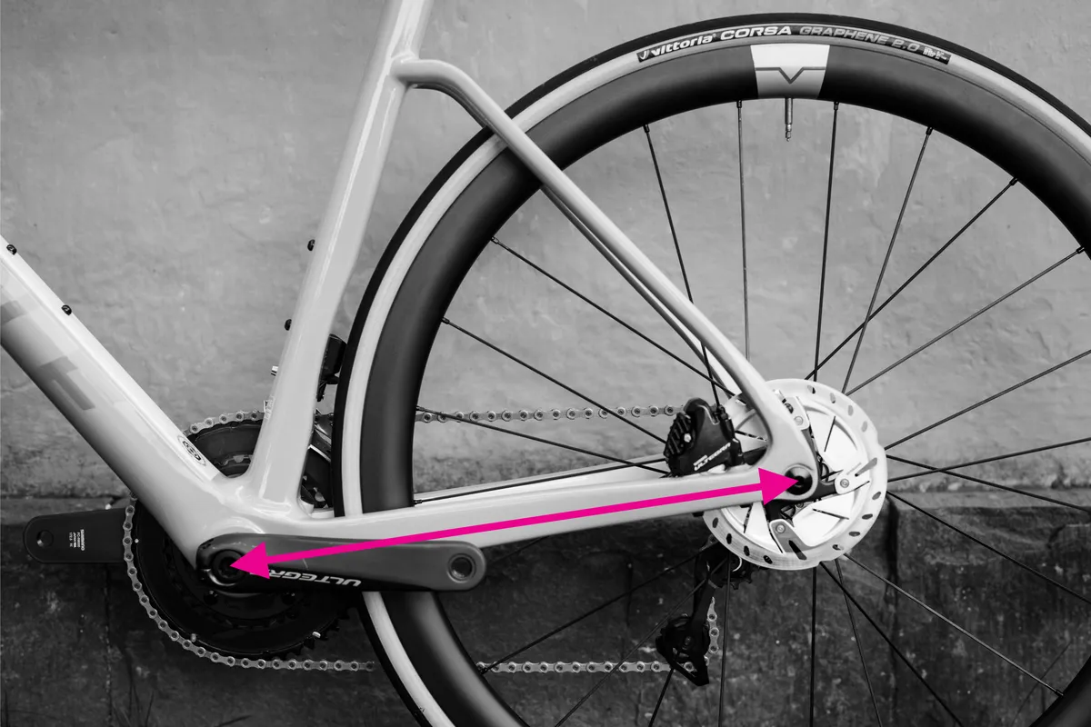 Chainstay length measurement demonstrated on a bike frame