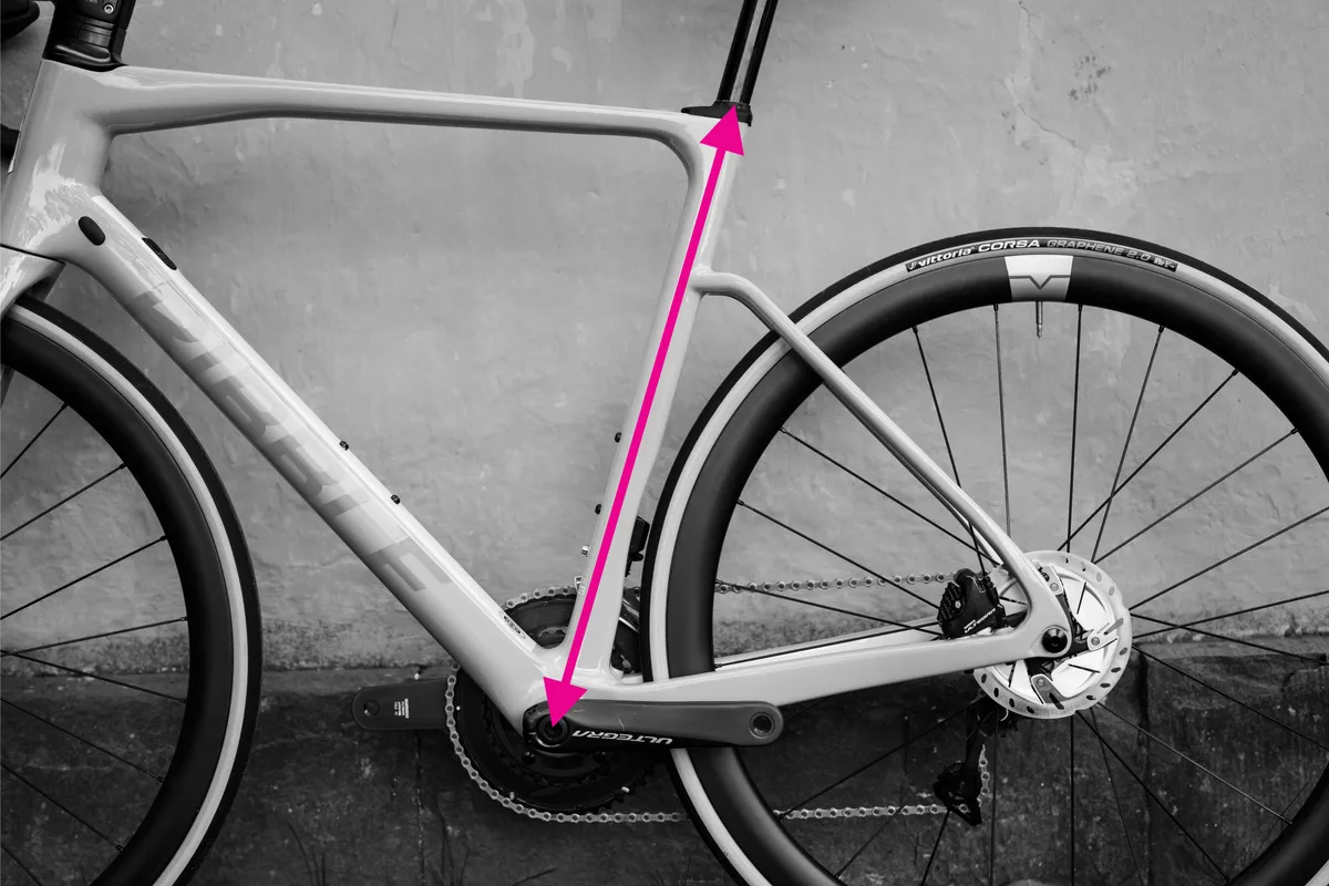 Seat tube measurement demonstrated on a bicycle frame