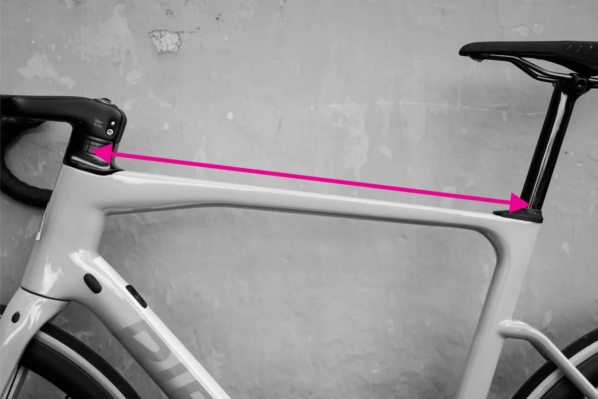 Top tube measurement demonstrated on a bike frame