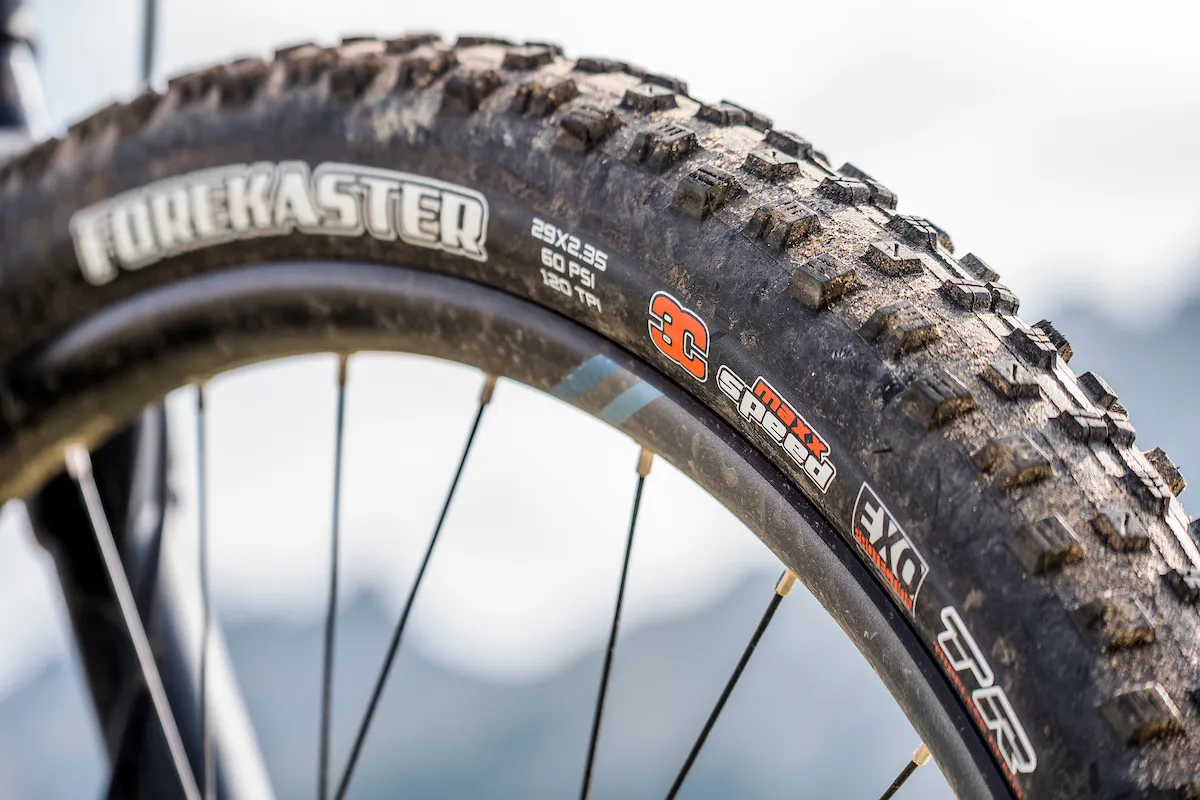 Maxxis Forekaster tyre on Alex EXR 30 rim on a full suspension mountain bike