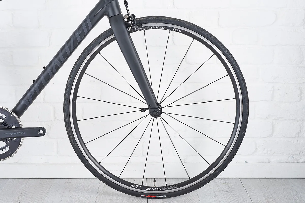 Full-carbon fork and DT460 rims on the Specialized Allez Elite road bike