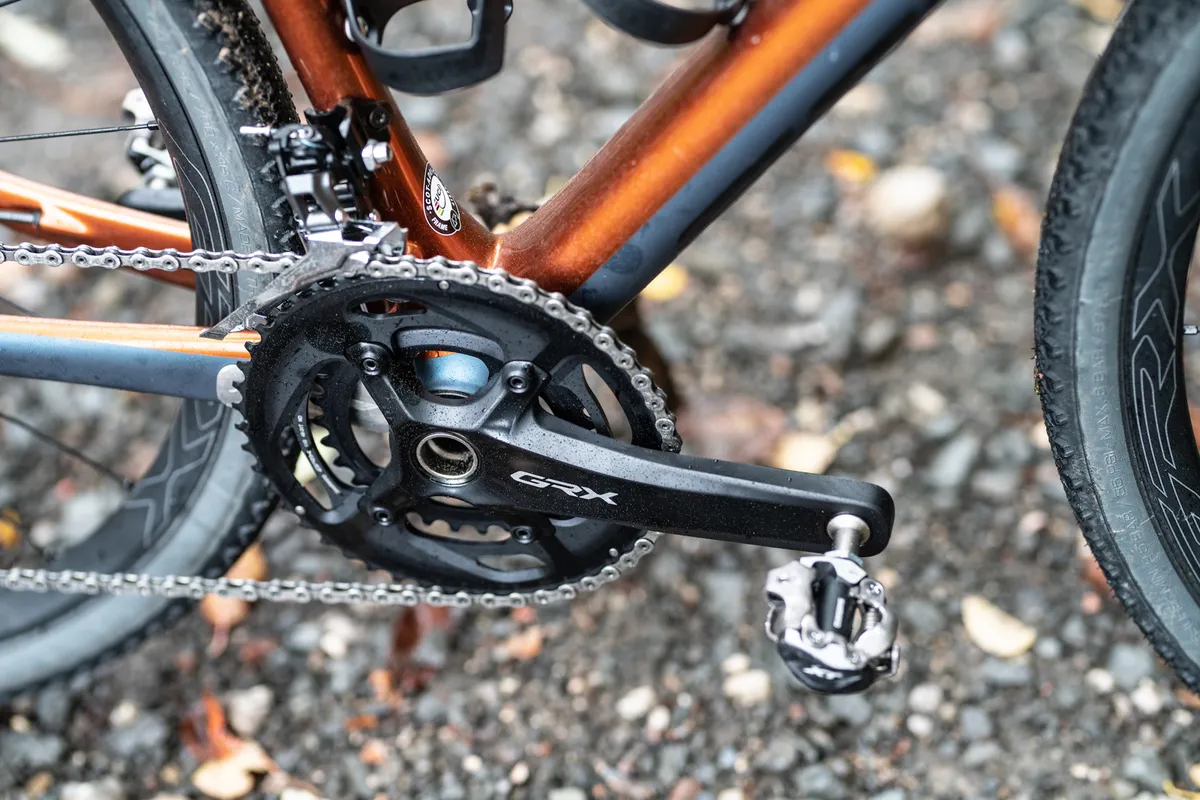 Shimano GRX double chainset and SPD pedals on a gravel bike