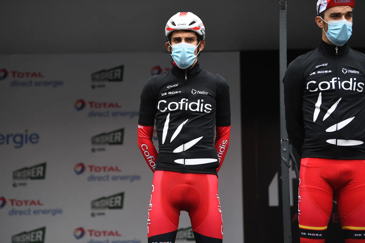 SESTAO, SPAIN - APRIL 06: Start / Guillaume Martin of France and Team Cofidis during the 60th Itzulia-Vuelta Ciclista Pais Vasco 2021, Stage 2 a 154,8km stage from Zalla to Sestao 48m / Mask / Covid Safety Measures / #itzulia / @ehitzulia / on April 06, 2021 in Sestao, Spain. (Photo by David Ramos/Getty Images)