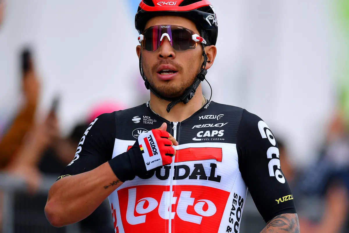 TERMOLI, ITALY - MAY 14: Caleb Ewan of Australia and Team Lotto Soudal celebrates at arrival during the 104th Giro d'Italia 2021, Stage 7 a 181km stage from Notaresco to Termoli / @girodiitalia / #Giro / on May 14, 2021 in Termoli, Italy. (Photo by Stuart Franklin/Getty Images)