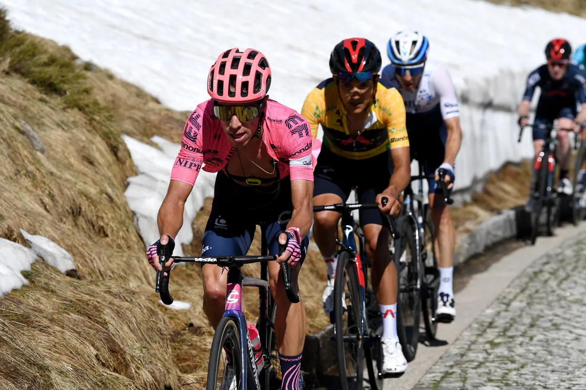 ANDERMATT, SWITZERLAND - JUNE 13: Rigoberto Uran Uran of Colombia and Team EF Education - Nippo & Richard Carapaz of Ecuador and Team INEOS Grenadiers yellow leader jersey during the 84th Tour de Suisse 2021, Stage 8 a 159,5km stage from Andermatt to Andermatt / Gotthardpass (2106m) / Cobblestones / Mountains / #UCIworldtour / @tds / #tourdesuisse / on June 13, 2021 in Andermatt, Switzerland. (Photo by Tim de Waele/Getty Images)